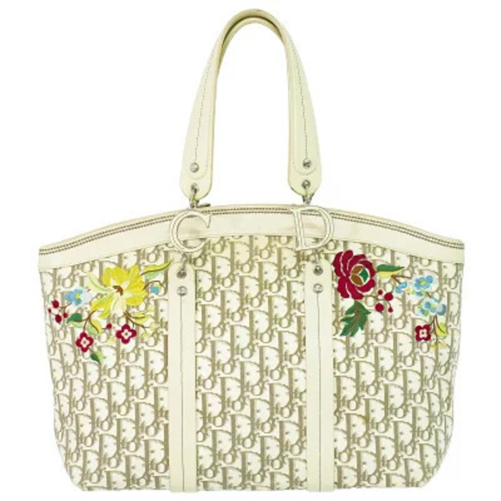 Christian Dior Trotter Floral Flower Embroidered Tote Bag Canvas White Brown
